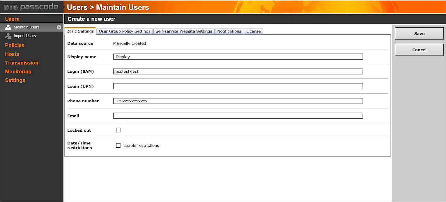 Basic Settings tab in SMS PASSCODE